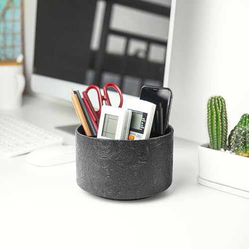 lizimandu Round Leather Art Supply Organizer,Remote Control Holder,360 Degree Spinning,Multi-Functional Pencil Holder,4 Compartments Desktop Stationary Organizer(1-Black2) - color: 1-Black2