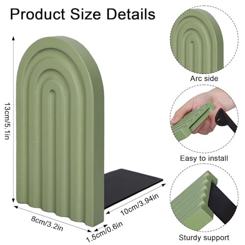 Whaline 4Pcs Boho Arch Wood Bookends Sage Green Rainbow Wooden Book Stands Decorative Non Skid Book Stoppers Study Cute Bookend for Back to School Heavy Books Home Office Library Kitchen (4 Colors)