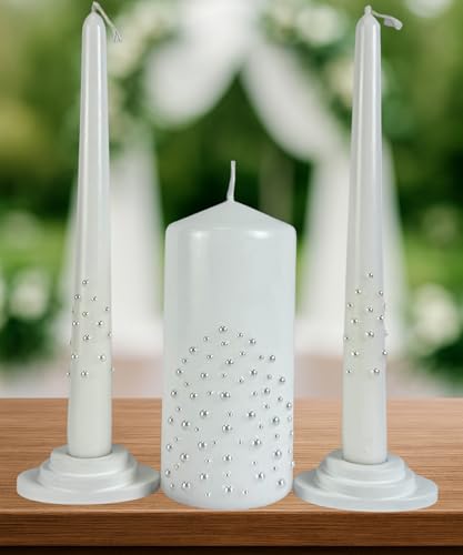 Unity Candle Set - Wedding Ceremony & Reception – 6” Pillar & Two 10” Taper Candles – Long Burning Unity Candles for Marriage Ritual – Handmade in USA – White| Pearls