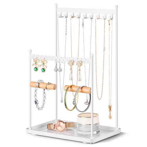 3 Tier white Jewelry Stand, Necklace Organizer, Earring Holder with 44 Holes and 9 Hooks, for Necklaces, Bracelets, Rings - color: White