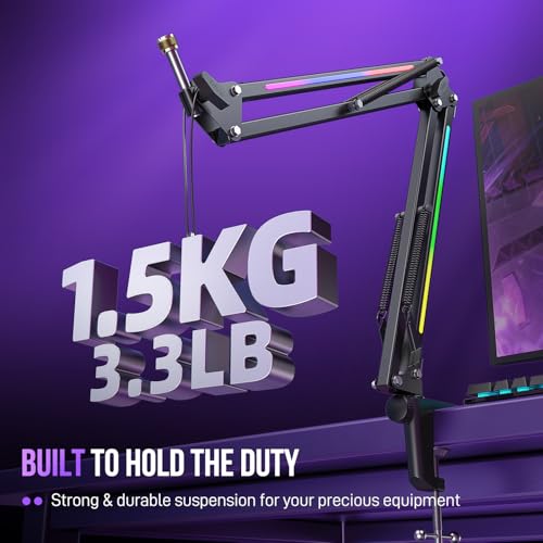 FIFINE Microphone Boom Arm, Metal Adjustable Mic Arm Stand with RGB Control, 3/8” to 5/8” Screw Adapter, Desk Mount Clamp, Suspension Scissor Mic Stand for Gaming Streaming Podcast-AmpliGame BM38 - color: Black, size: BM38（with RGB Effects)