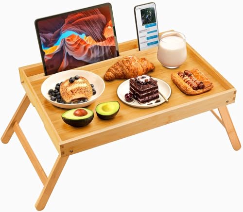 Bamboo Bed Tray Table, Large Breakfast Tray with Folding Legs, Multipurpose Serving Tray Use As Portable Laptop Snack Table, for Working, Eating, Reading by Pipishell - color: Yellow, size: 20.3" x 13.7" x 8.9"