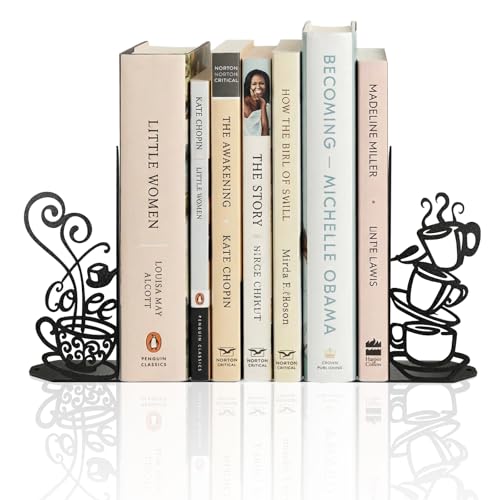 Creative Coffee Cup Decorative Bookend for Shelves, Metal Bookends for Heavy Books, Unique Cute Cookbook Organizer Book Holder for Kitchen Housewarming Cooking Book Lover Gifts - color: Black