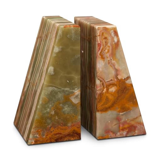 Modern Wedge Marble Bookends – Hand Carved, Polished Stone Bookends w/Non-Slip Rubber Pads – Lightweight & Compact Decorative Bookends (Whirl Green Onyx) - color: Whirl Green Onyx