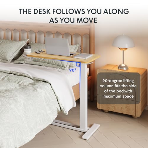 FLEXISPOT H7 Adjustable Overbed Bedside Table with Wheels Pneumatic Mobile Standing Desk Laptop Desk Rolling Computer Cart Movable Overbed Table Hospital Home Use(27.6" W x 15.7" D, Maple Table) - color: Maple, size: Small