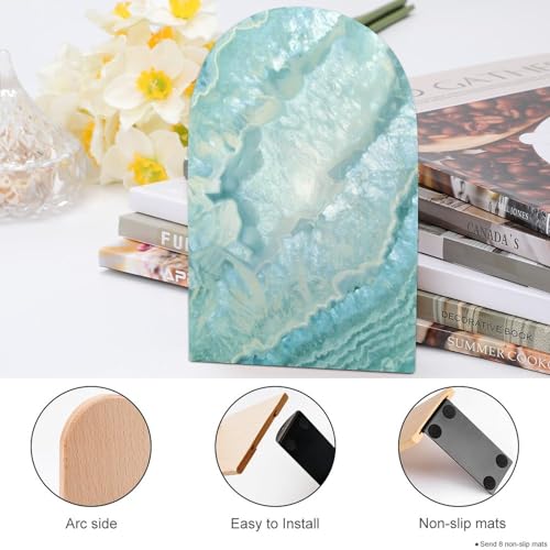 Wooden Bookends 2 Pcs,Pastel and Teal Agate Heavy Duty Office Book Ends Anti Slip Book Shelf Holder with Metal Base Decorative Book Stands - color: Pastel and Teal Agate