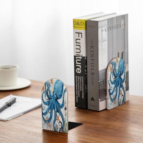Decorative Bookends 2 Pcs Vintage Blue Sea Octopus World Map Wood Bookends for Shelves Heavy Books Kids Non-Skid Book Ends Stoppers for Office Desk Kitchen School - color: Vintage Blue Sea Octopus World Map