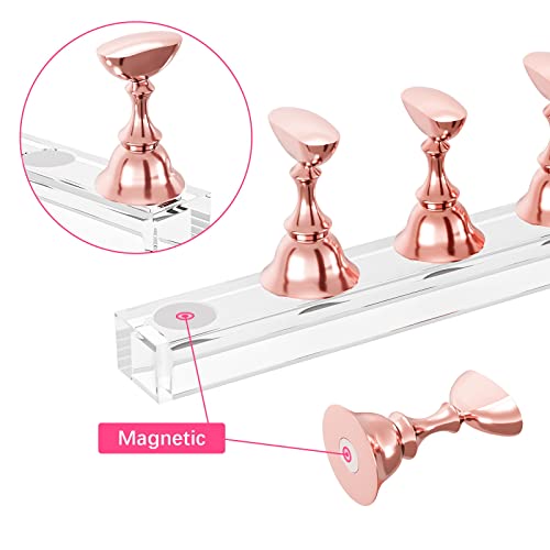 Nail Stand Acrylic Nail Art Display Stand Magnetic Nail Tips Practice Holder 54 Pcs Reusable Adhesive Putty for DIY Painting Nails Stand kit (Rose Gold) - color: Rose Gold