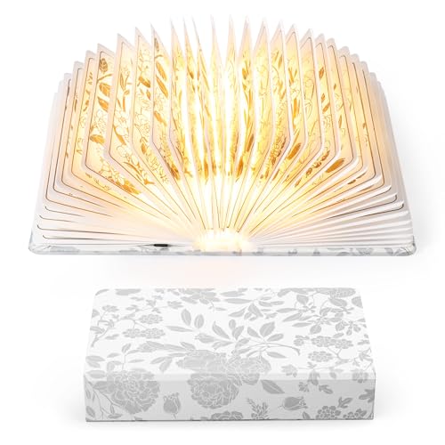 Floral Print Book Light,3-Color Book Lamp Book Lovers Gifts | 1200mAh Portable Foldable Paper Desk Lamp | Night Reading Bookshelf Lamp,Valentine Ambient Lighting Decorations Gifts(White Silver) - color: White