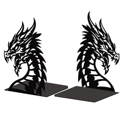 Peacoblue Metal Bookends for Shelves, Modern Decorative Heavy Duty Study Book Support Stoppers for Office, Desk, Shelf, Room 5.3"x4.3"x7.9" Cast Iron Simple Tall Bookends, 1 Pair (Dragon Head) - style: Dragon Head