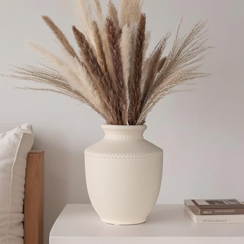 Farmhouse Ceramic Vase for Living Room Bedroom White 7.45'' Flower Bouquet Vase for Fake Plant Home Decor Office Fireplace Centerpieces Rustic Retro Vintage Modern Gift Decoration - color: White