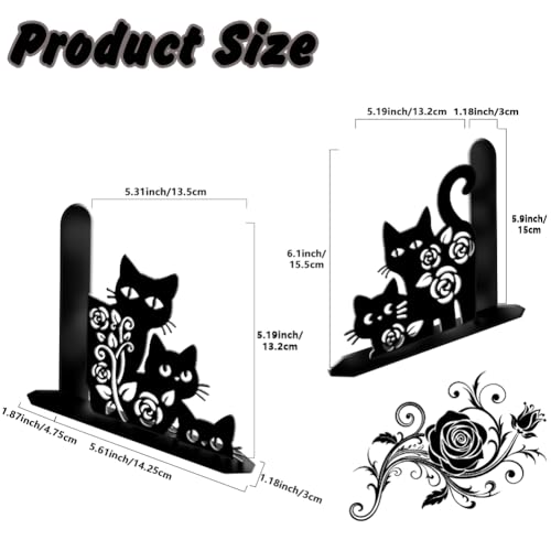 2Pcs 2 Styles Black Metal Cat Bookends Cute Book Stoppers Animal Pattern Black Decorative Heavy Duty Metal Book Ends for Shelves Home Office Desk Organizer Stylish 7.48 x 6.3 x 1.18 Inch - color: Cat