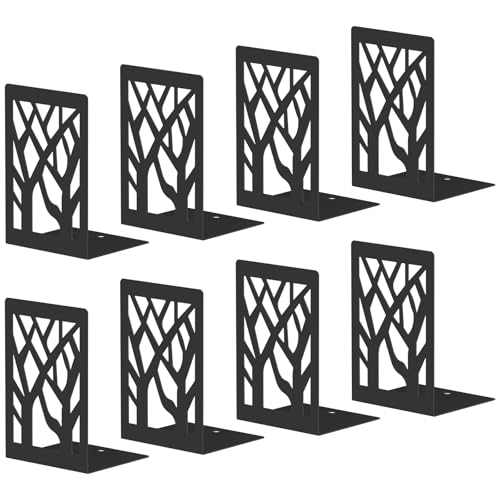 Bookends 8 Pieces, Tree Design Modern Metal Bookends for Shelves, Black Tree Book Ends Decorative Book Organizer for Desk, Decorative Shelve Book Stopper for Home Office - color: Black 8 Pieces