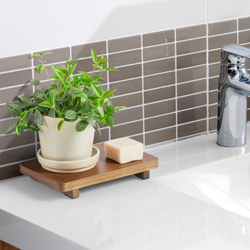 Small Acacia Wood Bathroom Tray Pedestal Stand Farmhouse Kitchen Decor Decorative Wooden Riser Soap Dish Sponge Holder for Vanity, Counter, Sink, 9" x 5.75" - size: 9" x 5.75" x 1.18"