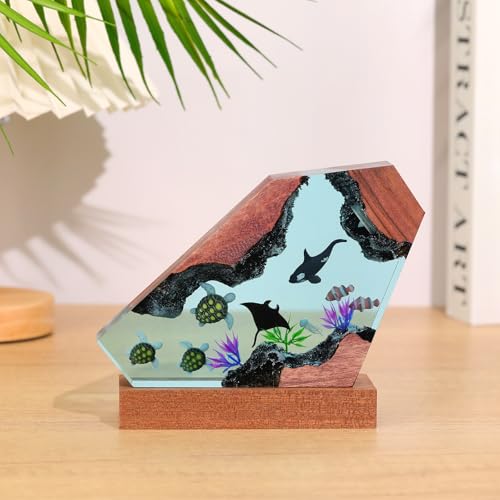 Drawelry Ocean Creative Epoxy Resin Wood Light Lamp, Handmade Multi Color Aquatic Ocean Lamp Deep Sea Diver Cave Diving Enthusiasts Led Night Light Desktop Decor Christmas Birthday Gift (Turtle, S) - color: Turtle