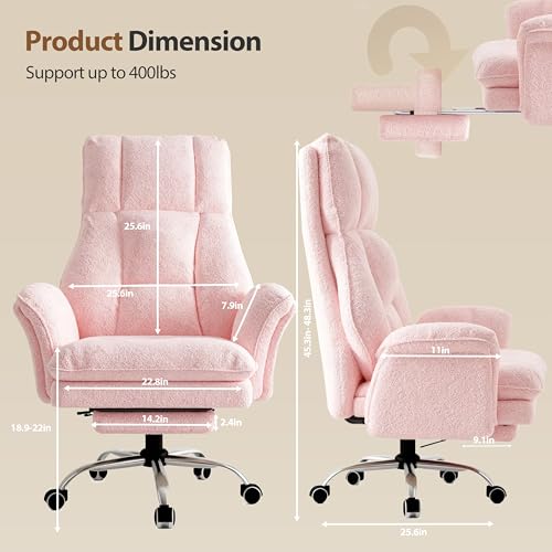 Big and Tall Office Chair, Flip Armrests for Pets & Cross Legged Sitting, Executive Ergonomic Computer Gaming Chair with Foot Rest, Teddy Fleece Wide Seat Reclining Desk Chair, Pink - color: Pink