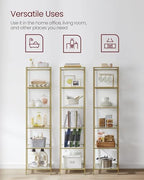 VASAGLE Bookcase, 6-Tier Bookshelf, Slim Shelving Unit for Bedroom, Bathroom, Home Office, Tempered Glass, Steel Frame, Metallic Gold ULGT500A01 - color: Metallic Gold, size: 6 Tiers (15.7"W x 69.8"H)