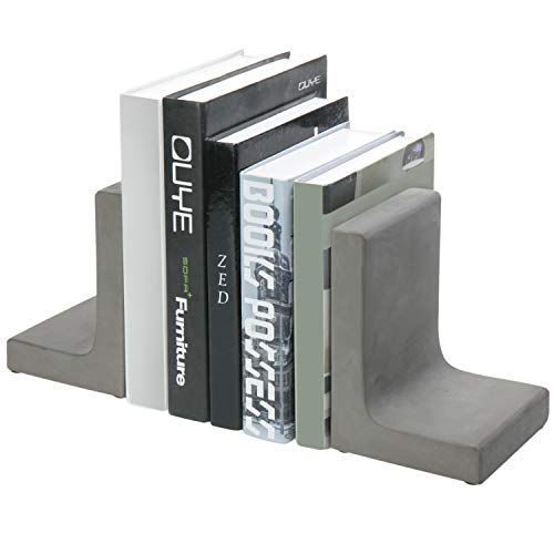 MyGift Solid Cement Bookends for Shelf in Gray Finish L-Shaped Decorative Heavy Duty Non-Skid Book Stopper for Home Office School, 1 Pair - color: Gray
