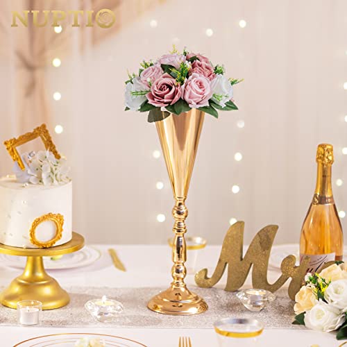 2 Pcs Tabletop Metal Wedding Flower Trumpet Vase, 16.5 inch Tall Table Decorative Centerpiece, Artificial Flower Arrangements for Anniversary Ceremony Party Birthday Event Aisle Home Decoration (Gold) - color: Gold, size: 16.5 inch x 2 Pcs