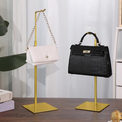2PCS Handbag Display Stand, Purse Holder Gold Metal Tall Hanging-hook Display Stands for Bag or Necklace Table Display Organizer with Stable Square Base
