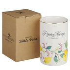 Christian Art Gifts Small White Ceramic Table Vase for Flowers & Plants: Rejoice Always Inspirational Scripture Home Décor, Kitchen, Bathroom, Living Room, Yellow Lemon, Green Leaves & Gold, 5" x 3.2"