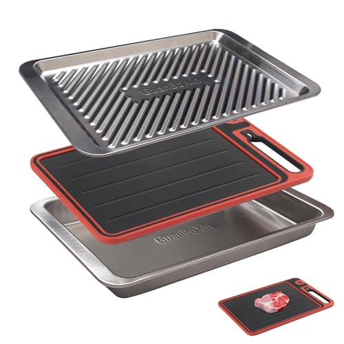 Grilling Prep and Serve Trays, Set of 3 Stackable Stainless Steel BBQ Trays with Cutting Board, Deep Marinating Container, Serving Platter for Plating Food, BBQ Prep Tub for Marinating Meats - style: Deep Prep Trays with Cutting Board