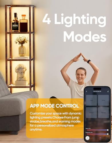PARTPHONER Floor Lamp Glass Display Shelf with Remote/APP Control, Dimmable LED Floor Lamp with Shelves, Open Display Cabinet, Color Temp Control (2700K-6000K), Rustic Brown - color: Rustic Brown
