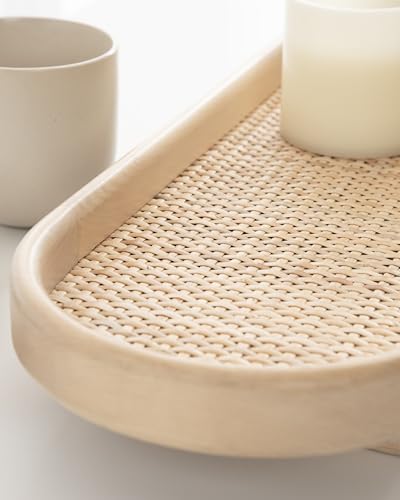 Kate and Laurel Planche Decorative Capsule Woven Tray with Solid Wood Frame; 27 x 8; Natural Brown; Modern Slim Wood Rectangle Serving Tray for Living Room - color: Natural