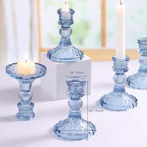 Glass Candle Holder Set of 12, Blue Taper Candle Holders Bulk, Vintage Candlestick Holders, Candle Stick Holder for Table Centerpieces, Wedding, Festival & Home Decor - color: Blue