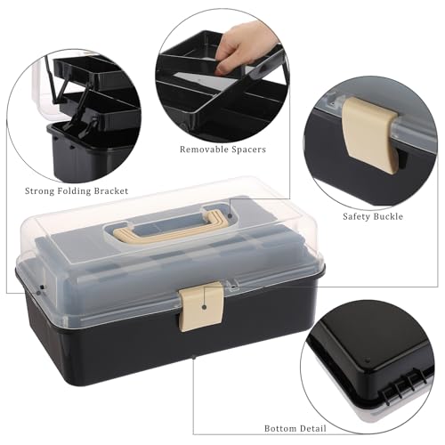 BTSKY 3-Layer Plastic Dividing Storage Box Craft Organizer with Adjustable Spacers Portable Handled Art Supply Organizer Multipurpose Home Utility Box for Sewing (Black+Beige) - color: Black+Beige