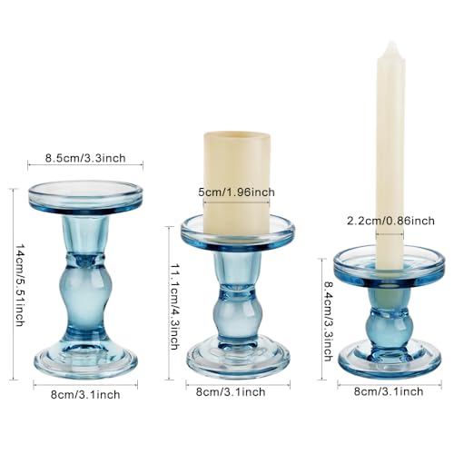 3-Piece Set of Blue Glass Candlestick, Crystal Candlestick Holder Holder and Conical Candle, Christmas Candle Holder Decoration, Family Living Room Wedding Candle Holder (Blue) - color: Blue