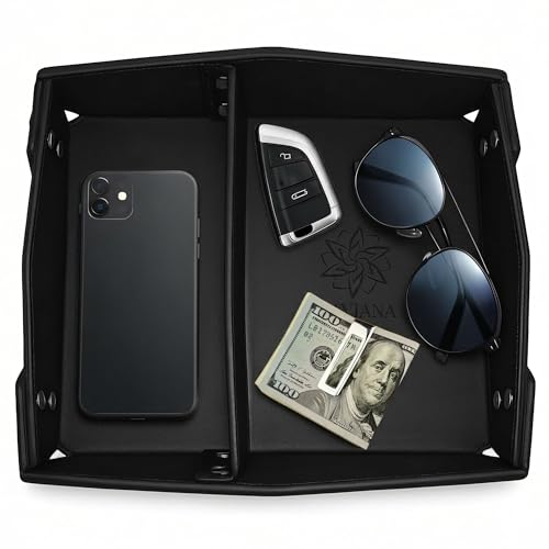 Valet Tray Organizer for Men & Women - PU Leather Catch All Tray with Removable Divider - EDC Storage for Keys, Watch, Phone - Nightstand, Dresser & Desk Organizer - Obsidian Black - color: Obsidian Black