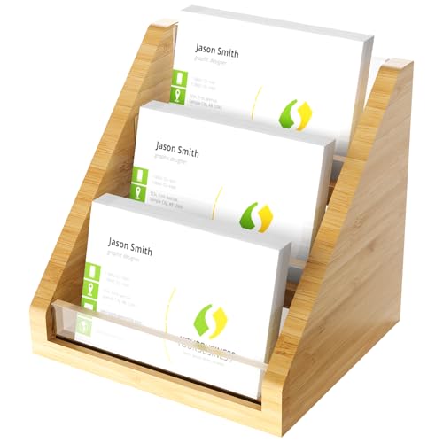 Sleek Bamboo Acrylic Business Card Holder for Reception, Office Desk, Meetings, Trade Shows, Home Office, Versatile Use Professional Display, Natural Modern Blend Elegant Organizer (3 Tiers) - color: 3 Tiers-Bamboo