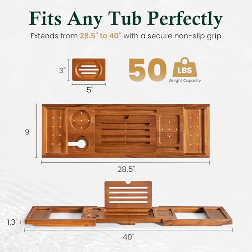 Teak Bathtub Tray, Bath Caddy with Wine Glass Holder, Phone Dock & Book Stand | Hands-Free Reading & Ultimate Spa Relaxation Experience-Natural - color: Classic Teak Finish