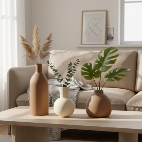 Ceramic Vase Set of 3, Modern Minimalist Farmhouse Style Home Decor Vases, Ideal for Pampas Grass & Dried Flowers, Perfect for Kitchen, Bedroom, Living Room & Dining Table Centerpiece(Brown) - color: Brown