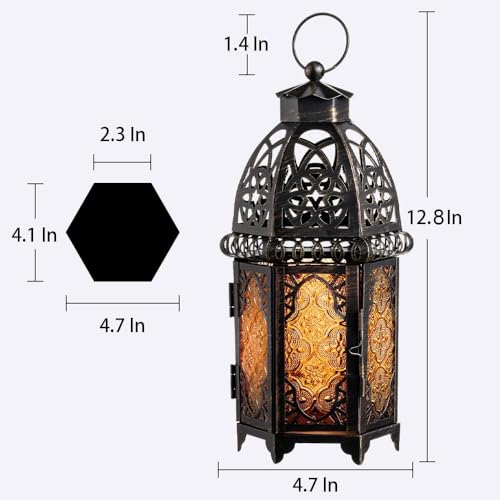 DECORKEY Vintage Large Size Decorative Ramadan Candle Lantern, 12.8’’ Metal Hanging&Tabletop Moroccan Lantern Candle Holder Decor, Halloween Christmas Decorations for Home Indoor Outdoor Patio (Amber) - color: Amber - 12.8''h, size: Large