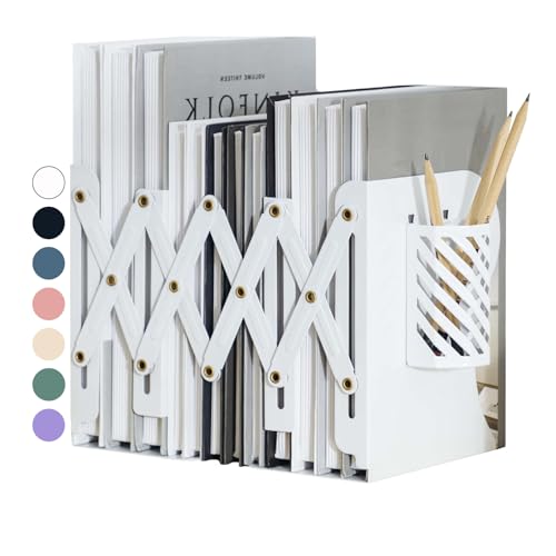 Kingsmile Book Ends, Adjustable Bookends for Shelves, Metal Bookends for Heavy Books, Book Stopper Organzier with Pen Holder for Desk, Kids Room, Office, Classroom, Library, Study Room.(White) - color: White