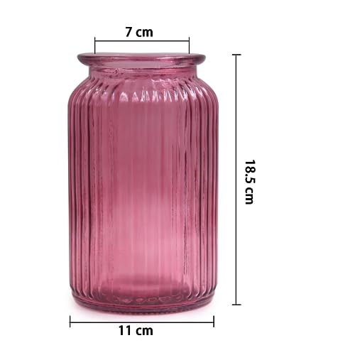 OFFIDIX Glass Vase,7.3 * 4.3in Vertical Line Geometric Faceted Design Flower Vase - color: Wine Red
