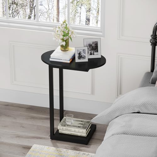 Hosfais Small Side Table End Table, C-Shaped Wood Coffee Table TV Tray for Eating Couch Tables for Small Space, Living Room, (Black) - color: Black, size: Oval