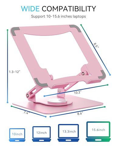 SOUNDANCE 360 Rotating Laptop Stand, Ergonomic Computer Riser for Desk, Adjustable Height Multi-Angle Metal Holder, Foldable Portable Notebook Elevating Base for Office & Home, Pink - color: Pink