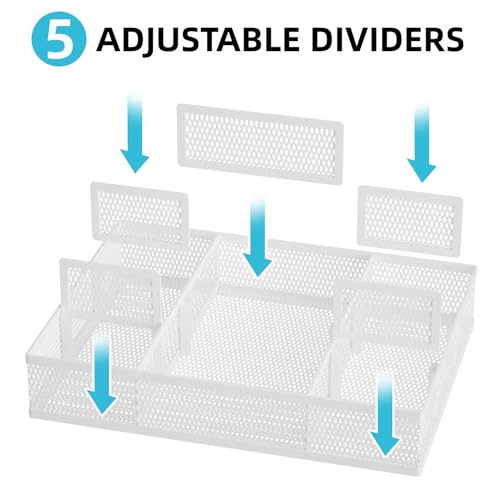 Marbrasse 2 Pack Desk Drawer Organizer, Mesh Drawer Organizer Tray with 8 Adjustable Compartments, Desk Organizers and Accessories, 5 Dividers for Office Supplies, Makeup & Vanity (White) - color: White