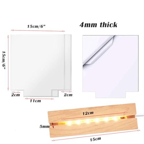 2Pcs 6" Wood LED Light Base with Blank Acrylic Sheet Clear Cast Plexiglass for LED Light Base Signs DIY Display Projects Craft-Warm Light - color: Warm Light, size: 2PC 6" + AS