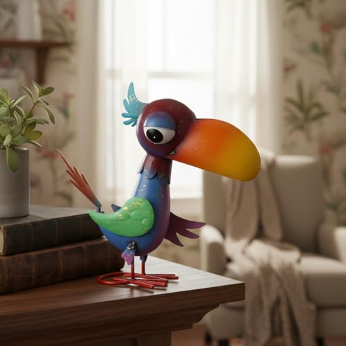 12'' Tall Metal Bird Garden Statue, Cheeky Metal Bird Sculpture Yard Art, Standing Bird Garden Decor for Outside, Lawn, Patio, Porch - color: Purple & Blue-bird