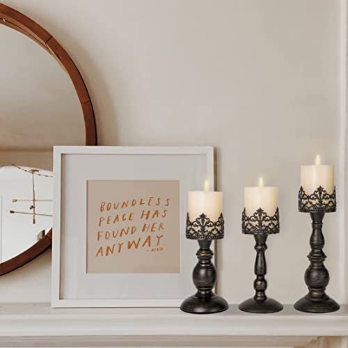 Distressed Black Candle Holders for Pillar Candles Set of 3, Vintage Crown Candle Stands for Table Centerpiece Decor, Tall Antique Metal Candle Holder Set for Fireplace Decoration, Ideal Gift - color: Distressed Black