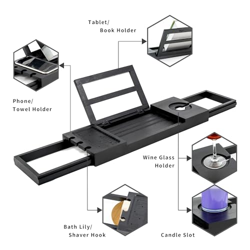 Utoplike Bamboo Bathtub Tray Black, Adjustable Bath Caddy Table for Tub, Bathroom Organizer with Book Tablet Wine Glass Cup Towel Holder - color: 19.8-33.5 in Black
