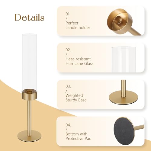 Ronasip Hurricane Candle Holders Set of 6, Matte Gold Metal Taper Candlestick Holders with Clear Glass Chimney Cylinder Tubes, Tall Candle Stands for Wedding, Christmas, Dining Table Centerpiece Decor
