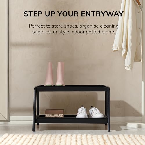 Anji Mountain Heavy Duty Waterproof Wooden Shoe Storage Mat Organizer/Boot Storage Tray Multi Use for Entryway with Coir, Tan and Black Insert, 2 Tier, Fits 4 Pair (26.5" Wide) - color: Tan and Black, size: 2 Tier, Fits 4 Pair, style: Tan and Black