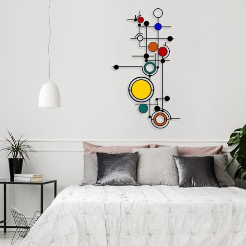 Hnatzu Geometric Wall Art Metal for Living Room, Bedroom, Office – Colorful Modern Dot & Line Abstract Design – Printed Metal Wall Decor