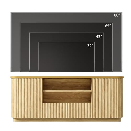 QUW 70" Fluted TV Stand for TVs Up to 80", Modern Entertainment Center with 2 Drawers & Cabinets, TV Console with Curved Profile Design, Luxury Wooden Media Console for Living Room, Natural Oak - color: Natural Oak