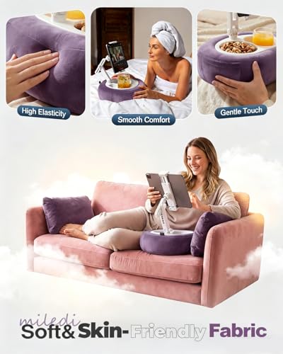 Miledi Tablet Pillow Stand, Compatible with 5"-12.9" Kindle, iPad, Phone/Tablet, 360° Rotating Phone Holder for Bed, Soft Plush Fabric, Detachable Bowl, Reading and Relaxation on Bed, Purple - color: Purple
